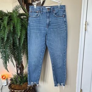 Madewell High-Rise Slim Crop Boyjean Medium Blue Wash Raw Frayed Hem Denim Jeans